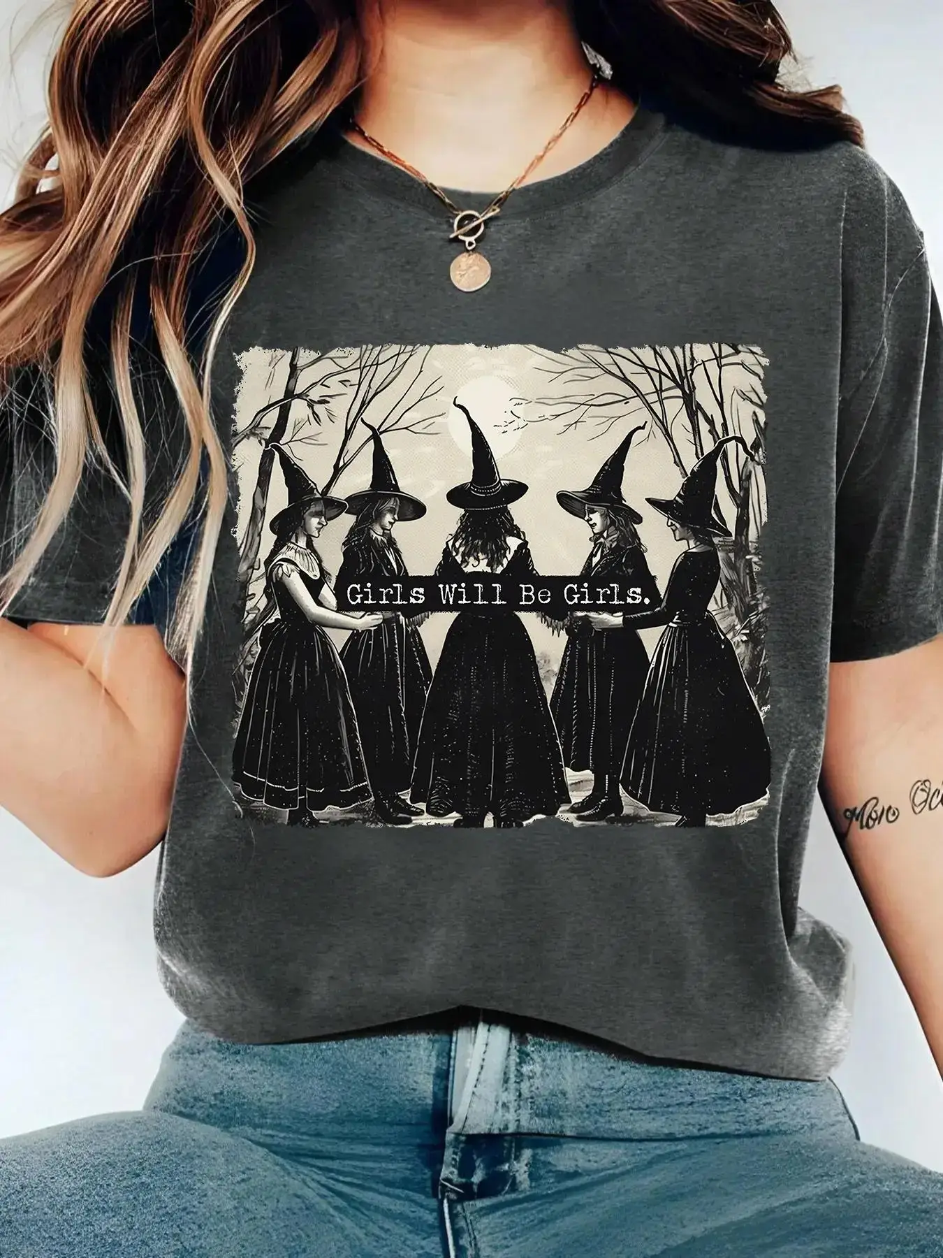 Women's Halloween Themed "girls Will Be Girls" Print Round Neck Tee, Trendy Casual Drop Shoulder Short Sleeve T-shirt for Daily Wear, Ladies All Seaso