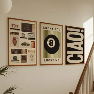 Trendy Poster Set of 3 Prints: 8 Ball Print, Lucky You Lucky Me, Matchbox Prints, Ciao, Dopamine Decor Bundle