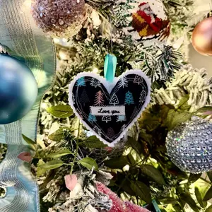 Peace of Annie Handmade Christmas Ornament Soft Cotton Plush Fill Scalloped Felt Backing Ready to Ship “Love you” Heart Gift Cozy Home or Christmas Décor with Ribbon Hanger