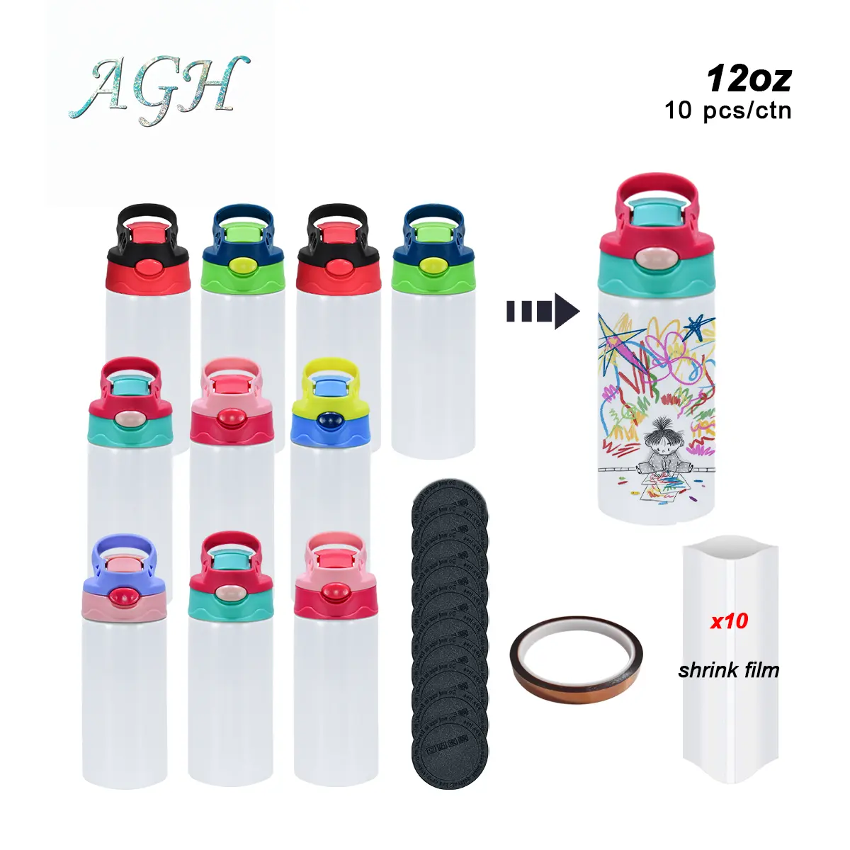 AGH 10PCS 12OZ Steel Sublimation kids water bottler tumbler with handle flip straw lids with rubber bottom and shrink wrap