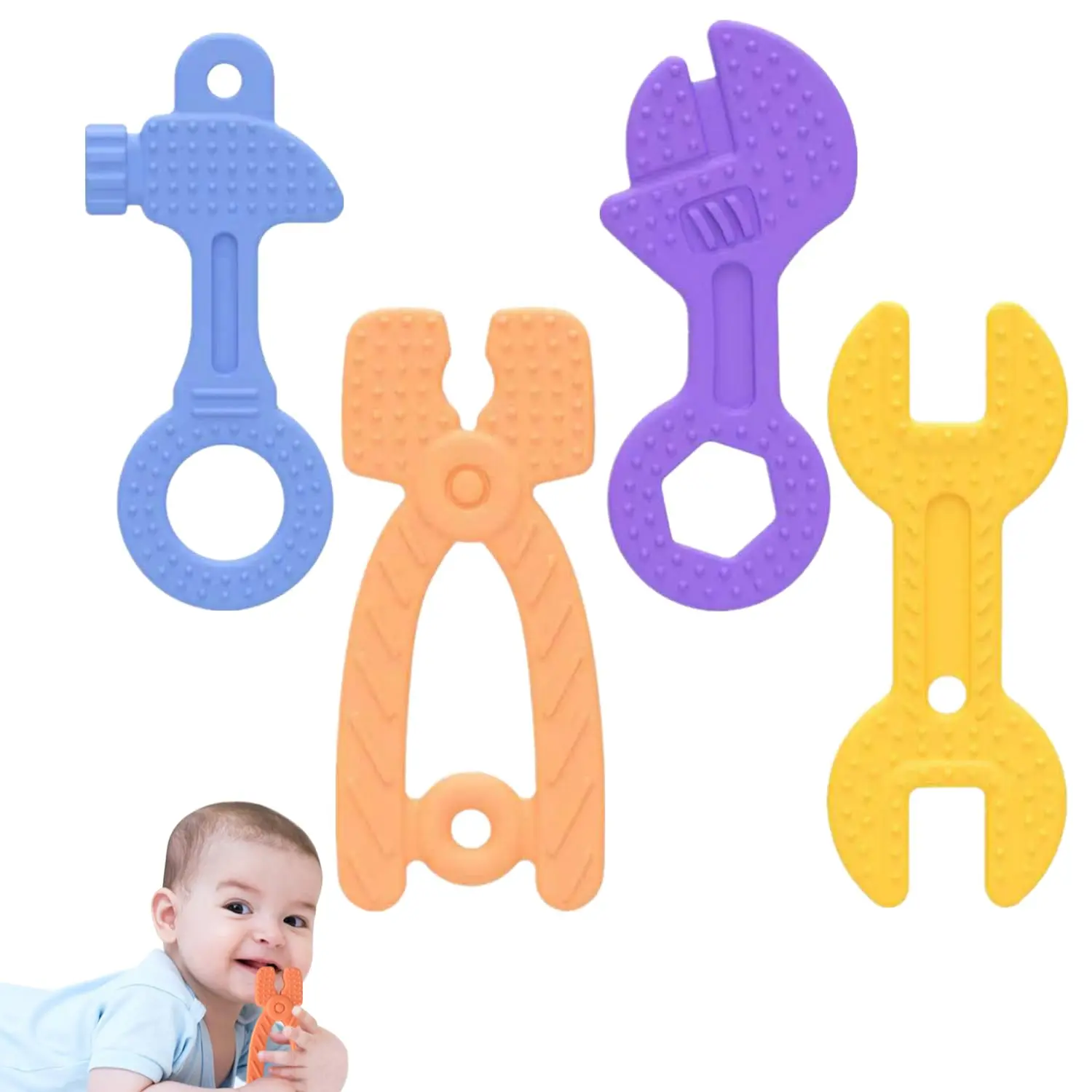 4 Pack Soft Silicone Teething Toys for 0-12 Months 3-24 Months Toddlers Infant Hammer Spanner Wrench Pliers Tools Shape Baby Teethers Relief Soothe Babies Gums Set