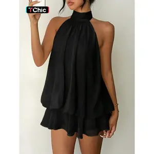 Chiffon Halter Backless Mini Fitted Dress Sexy Solid Beach Wear Vacation Holiday Ruffles Summer Dress
