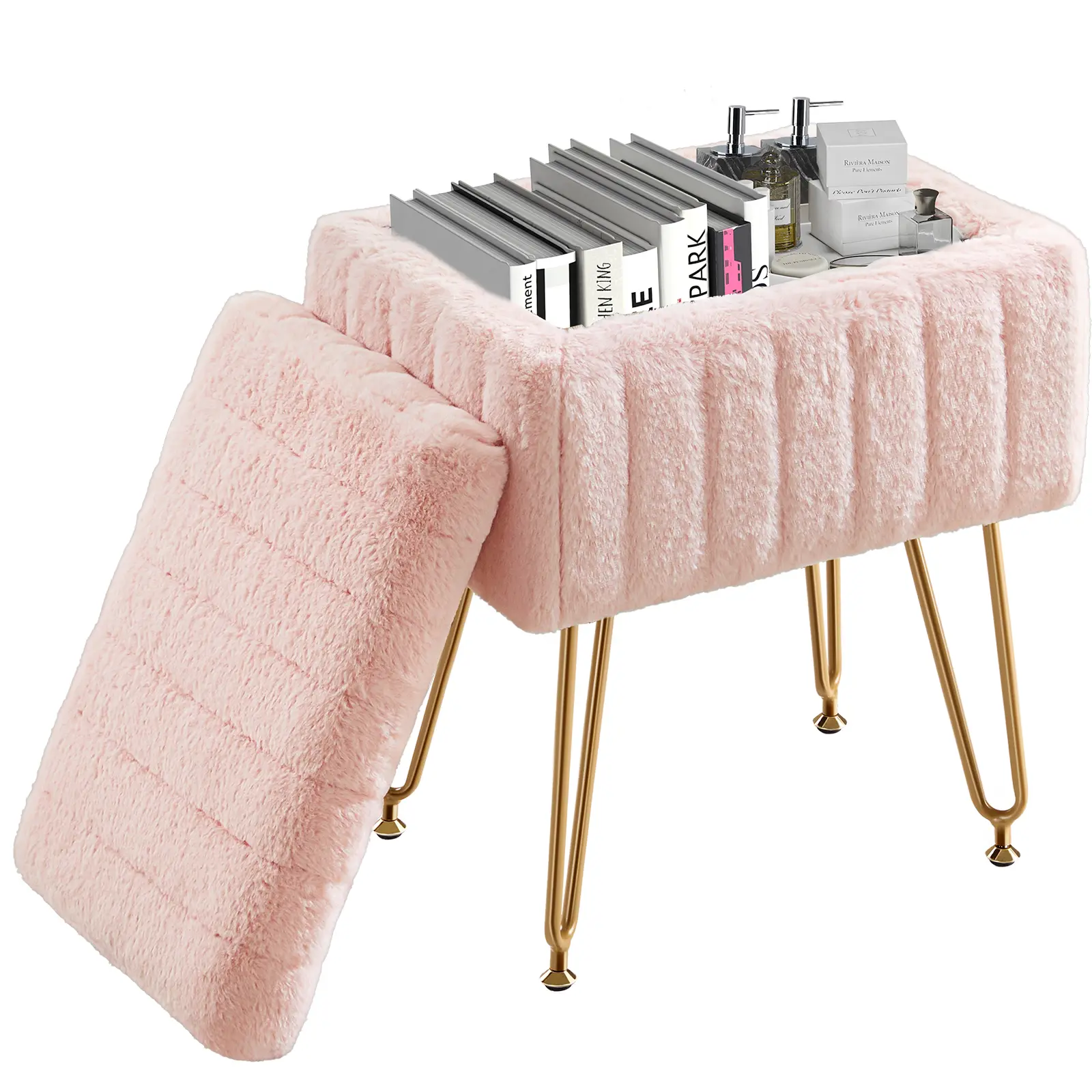 Sweetcrispy Faux Fur Upholstered Vanity Stool - Foam Thick Padded Seat, 4 Metal Legs for Frame Stability, Adjustable Anti-Slip ft, Upholstered Storage Ottoman, Modern Multifunctional Indoor Furniture for Bedroom Makeup Use, Bathroom, Compact, Stable Metal
