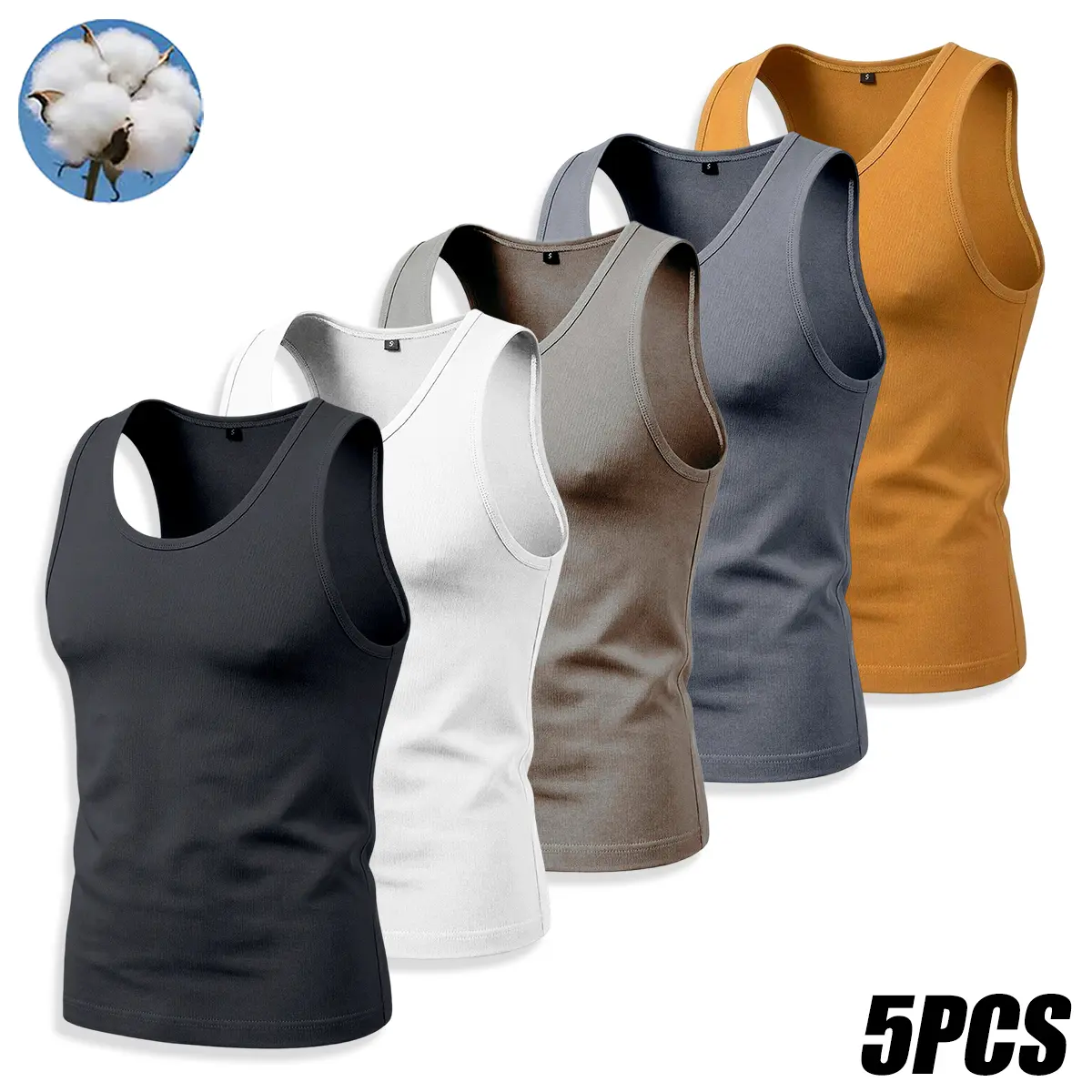 Men’s 5-Pack Lifestyle Beater Tank Tops, U-Neck A-Shirt, 92% Cotton 8% Spandex stretchy sleeveless undershirts, for summer gym workouts and everyday layering