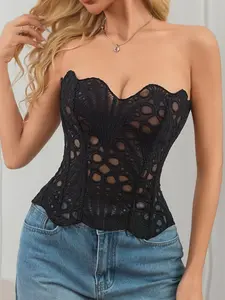 Women's Floral Patterned Underbust Corset Top, Breathable Sleeveless Top, Breathable Mesh Back Tie, Fishbone Tight-Fitting Vest, Inner and Outer Wear, Underwear, Elegant, Chic