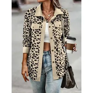 Women's Leopard Print Button Front Drop Shoulder Shirt Coat, Casual Long Sleeve Collared Pocket Blouse for Everyday Daily Wear, Ladies Clothes for All Seasons Fall Tops for Christmas rock star puffer jacket peacoat trench coat
