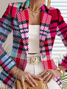 Women's Fall Outdoor Striped Plaid Geometric Print Blazer Jacket, Casual Fitted Regular Length, Digital Print, Spring & Fall