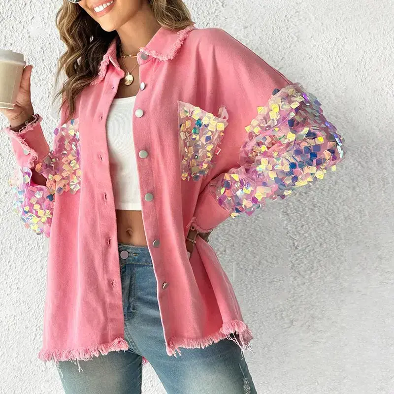 Women's Colorblock Sequin Patchwork Long Sleeve Jacket Top Button Front Raw Hem Shacket Women's Colorblock Sequin Patchwork Long Sleeve Jacket Top Button Front Raw Hem Shacket