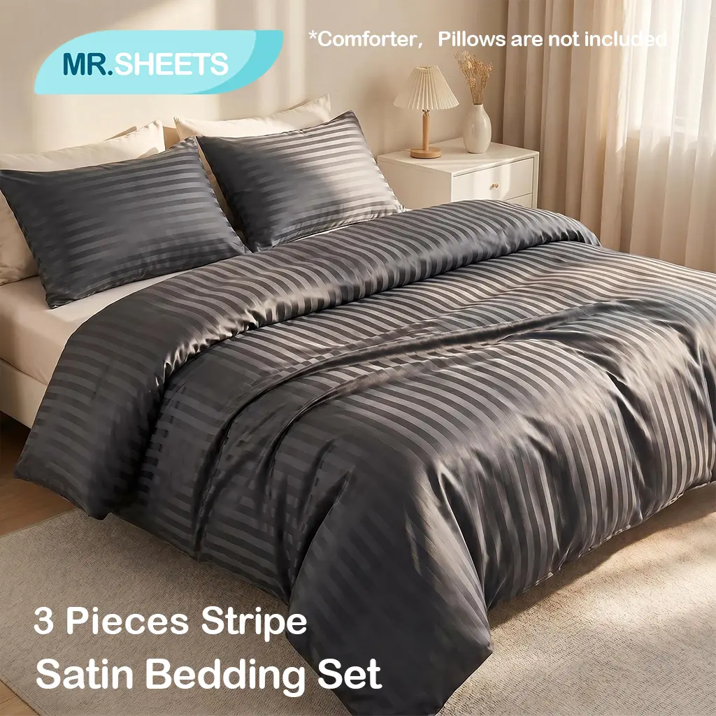 NTBAY 3-Piece Striped Satin Duvet Cover Set, Luxuriously Silky Smooth Bedding, Glossy Mirror Reflection Luster, Anti-Frizz Hair Care & Gentle Skin-Friendly Fabric, Premium Cozy Luxury Bedroom Bedding