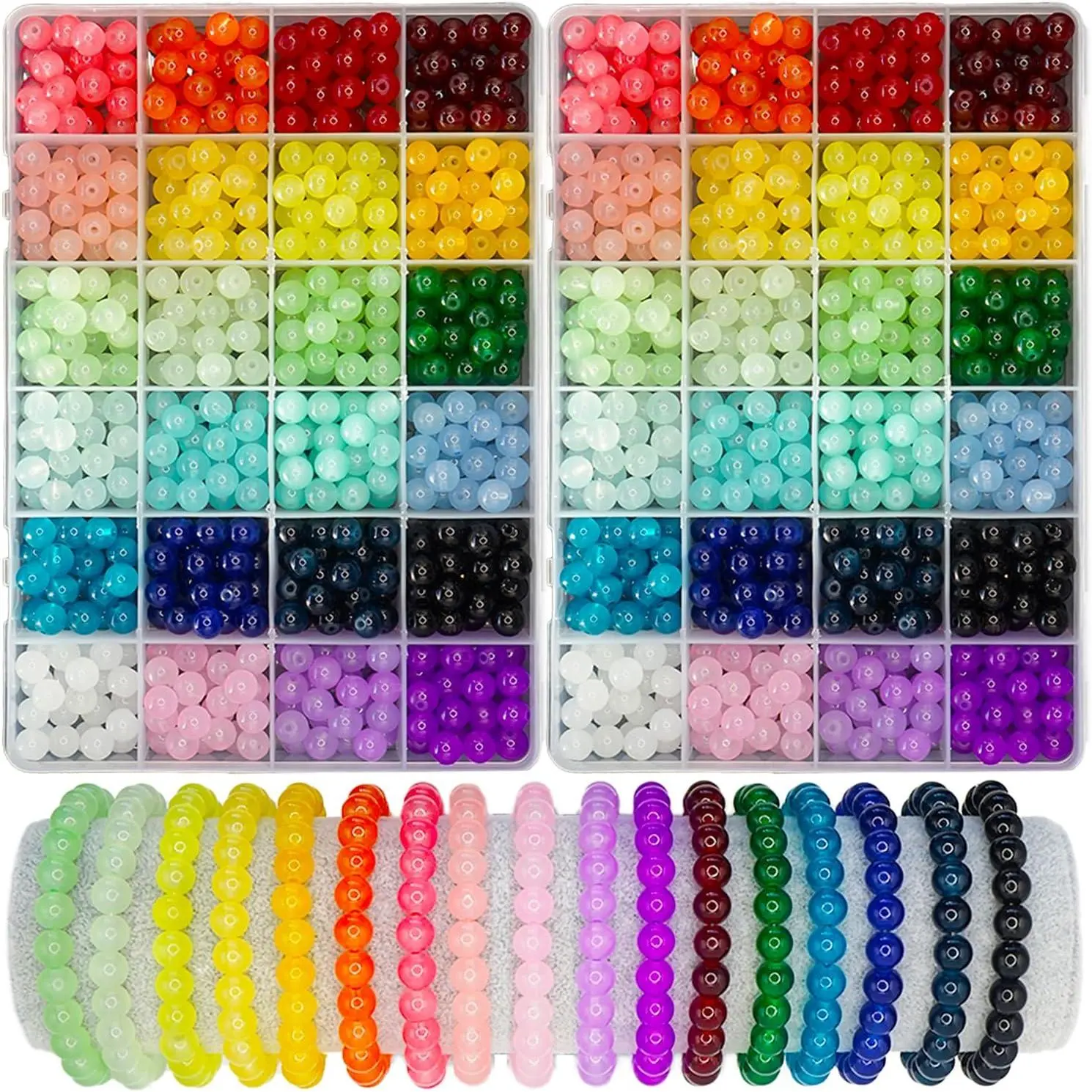 1200 count 8mm Glass Beads for  Making, 24 Colors  Beads Bracelets Making Kit, 2 Box Round Beads Suitable for Beginners