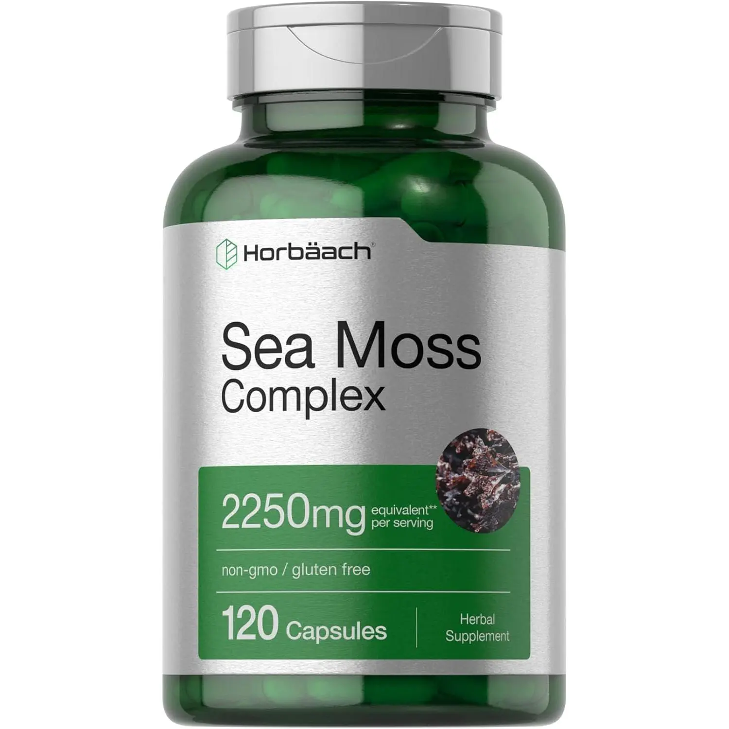 Horbäach Sea Moss Complex Capsules | 2250mg | 120 Count | Complex Formula with Bladderwrack & Burdock Root | Non-GMO & Gluten Free Supplement