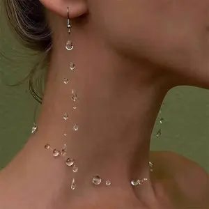 Women's handcrafted teardrop long tassel jewelry collection - transparent crystal bead earrings and necklaces for wedding and party gifts, adjustable bracelets