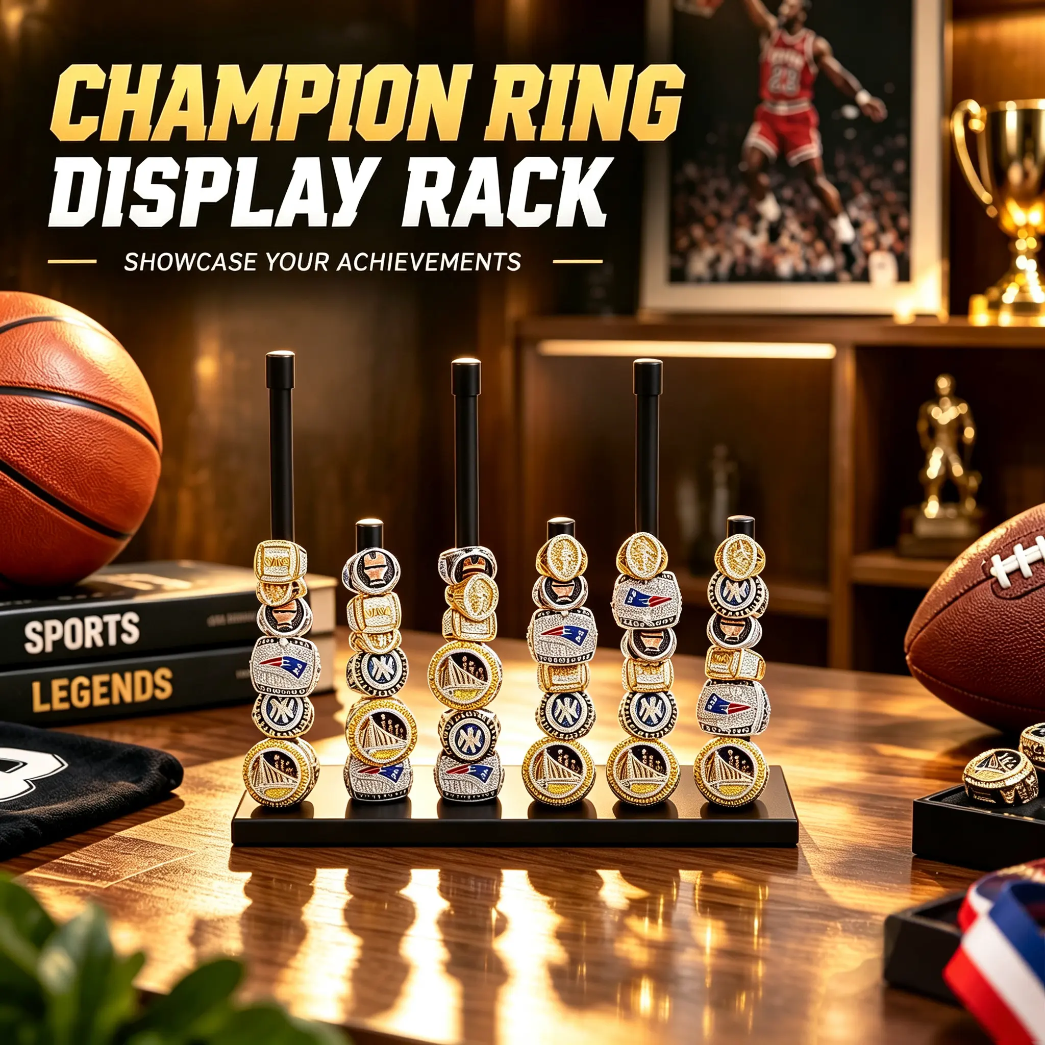 Durable 6-Pillar Metal Championship Ring Display Holder Organizer with Square Base, Home Supplies, Holds Up to 50 Pieces, Space-Saving, Elegant Look, Exhibits Collectibles for Sports Enthusiasts, Compatible with Bag & Kitchen Storage