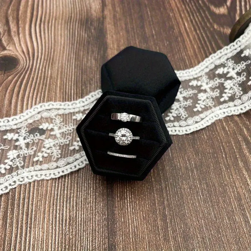 1pc Hexagon Ring Box 3 Slots - Velvet Premium Wedding Ring Bearer Box Handmade Vintage Three Rings Holder for Proposal Engagement Ceremony Photography, for Home Room Living Room Office Decor, Mother's Day Spring Season Gift, Handmade Jewelry Box