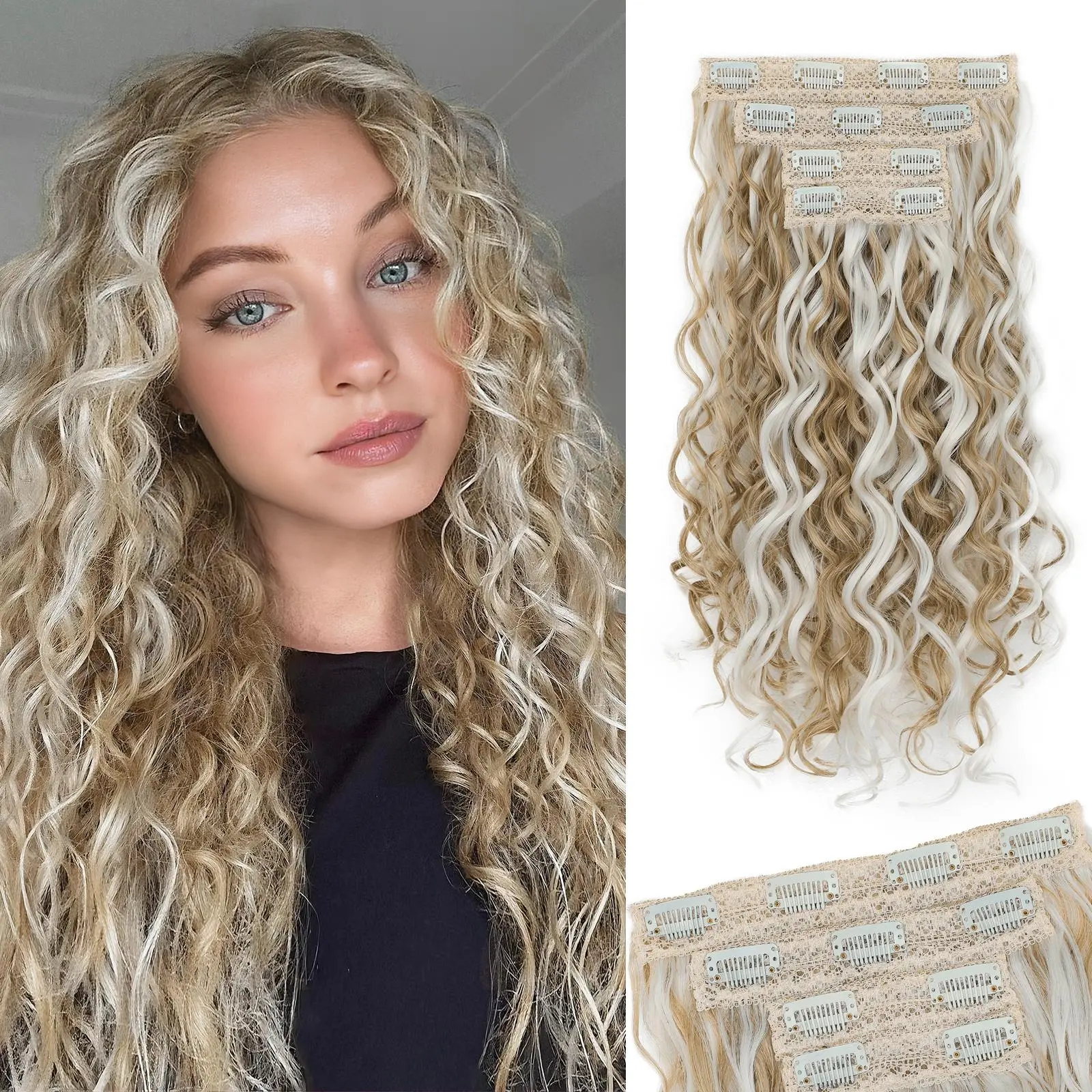 Curly Clip In Hair Extensions, 20 Inch 4 Piece Set with Invisible Lace Weft for Women, Thick Synthetic Curls for Instant Volume, Curly Hair Extensions, Thick Curls, Synthetic Hair
