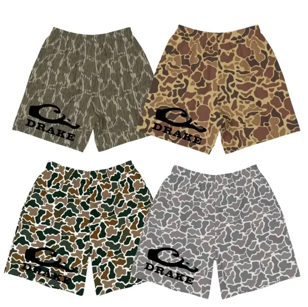Drake Black Logo Bottomland Camo Mesh Shorts, Old School Camouflage Swim Trunks, Beach Shorts for Men, Athletic Summer Shorts