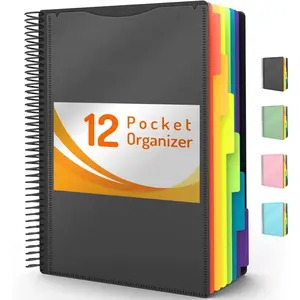 12 Pocket Project Organizer,  1/6-cut Tab Binder Organizer with Sticky Labels, Multi Pocket Folder with Zipper Pouch, Folder Binder Spiral Pocket Notebook, Office Supplies, Letter Size, Black