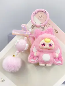 Popular bow flocking big ears cartoon keychain three-dimensional doll schoolbag pendant Trendy Cute Keychain Fluffy Bunny Keychain
