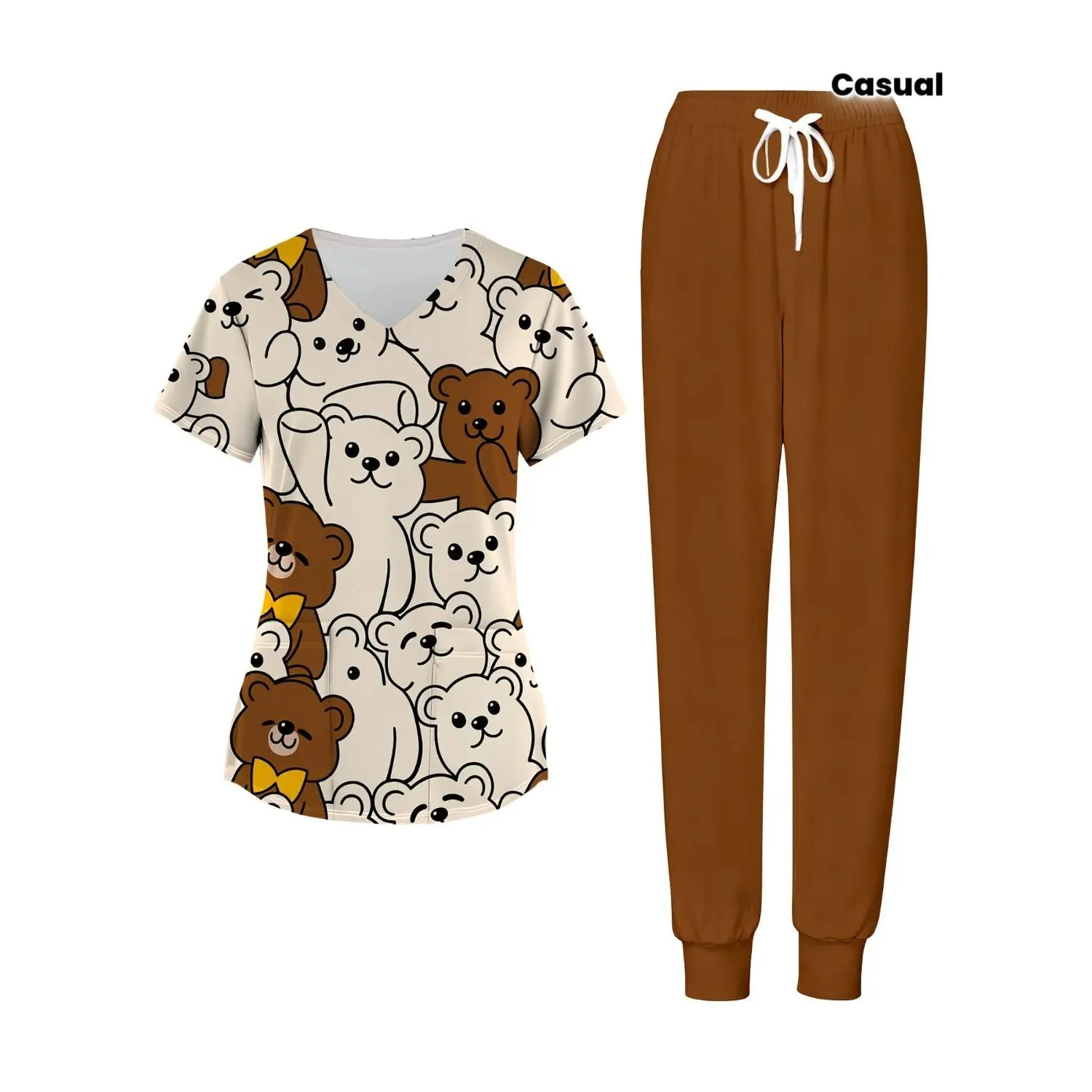Women's Cute Bear Print V-Neck Scrub Set with Pockets – Comfortable Casual Nurse Uniform with Brown Jogger-Style Pants