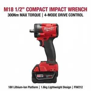 Milwaukee M18 FIW212 18V Cordless 1/2-Inch Impact Wrench Kit with Battery and Rapid Charger Featuring 13cm Compact Body and 300Nm Torque for Automotive Repair with Four-Mode Drive Control and 3500IPM Impact Rate brushless impac gun electric driver