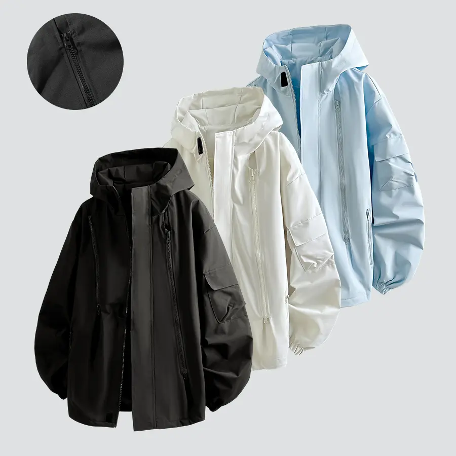 American-style solid-color functional hooded hardshell jacket in black, blue, and beige—classic basic design. Made from 100% polyester, it’s lightweight with a slight water-repellent and windproof finish. Multiple zippers paired with cargo arm pockets for
