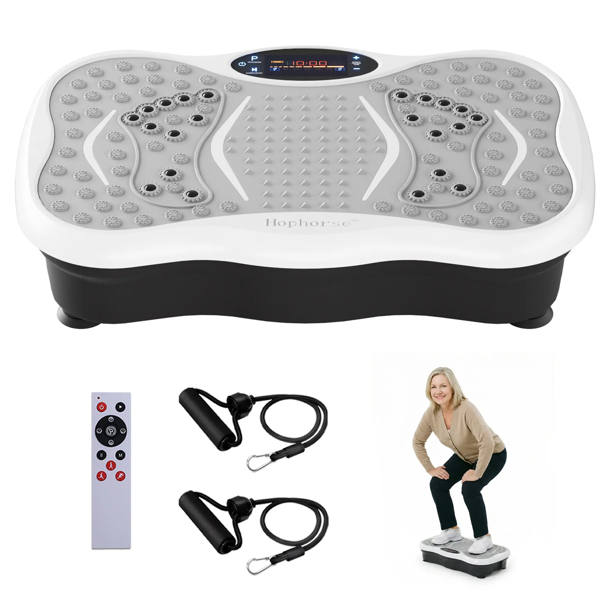 HopHorse High-Power Vibration Plate (3-in-1 Foldable Vibration Trainers), 300 lbs Weight Capacity At Home Gym Equipment with Bluetooth Remote Control, 2 Resistance Bands, Auto Modes Summervibes