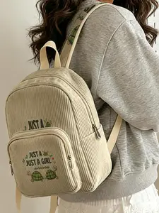 1 piece of 2D printed lady's backpack with turtle + JUSTAGIRL pattern, corduroy texture + layered storage + light weight reduction | perfect for students to go to class/shopping/short trips | combines atmosphere with practicality
