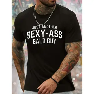 Bald Guy Print Men's Crew Neck Fashionable Short Sleeve Sports T-shirt, Comfortable And Versatile, For Summer And Spring, Athletic Style, Comfort Fit T-Shirt, As Giftsoversized gym shirts