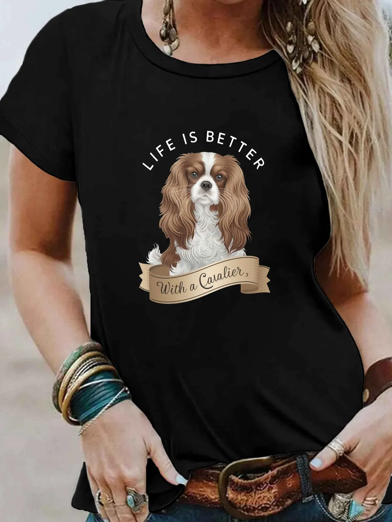 Women's Cavalier King Charles Spaniel _with a Hear unisex soft cotton short sleeve t shirt, vintage graphic casual tee for men women teens, perfect birthday holiday gift for camping travel gym daily street  wear