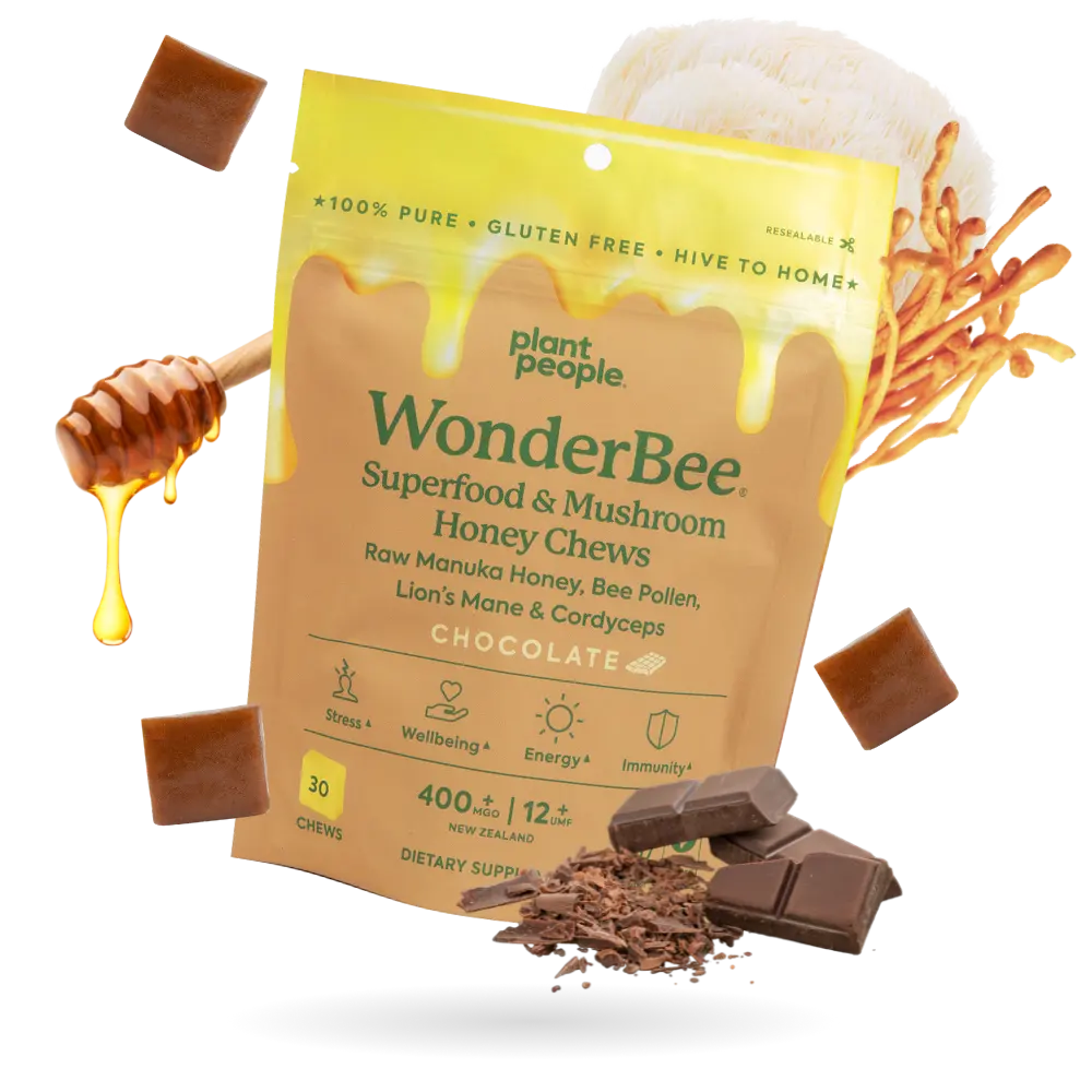 Plant People WonderBee + Mushrooms Superfood Manuka Honey Chews, All-Natural Raw Ingredients, Chocolate-Flavored Health & Wellness Supplement Plant People WonderBee + Mushrooms Superfood Manuka Honey Chews, All-Natural Raw Ingredients, Chocolate-Flavored Health & Wellness Supplement