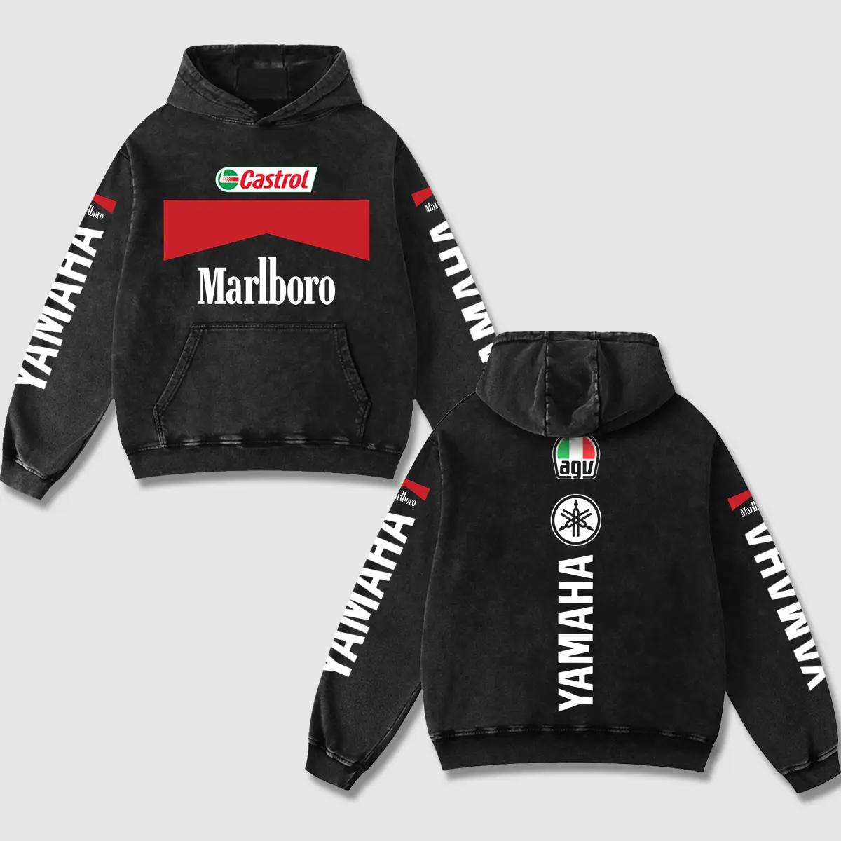 Retro Marlboro x Yamaha Racing Acid Washed Hoodie MotoGP World Champion Enthusiast Apparel Streetwear Racing Team Motorcycle Clothing Motobike Riders Supermotor Off-Road Dirt Bike Fan Gear Cotton For Motor Fan