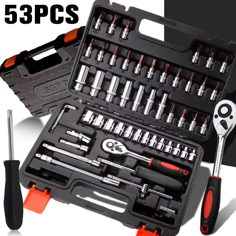 53PCS Ratchet Socket Wrench Tool Kit, Multi-Functional DIY Hardware Repair Tools, Universal Hand Tool Set for Motorcycle, Car, Bicycle and Household Maintenance