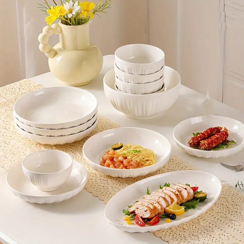 12pcs Ceramic Dinnerware Service Set, 4 Bowls 4 Plates 4 Spoons, Complete Tableware Set, Tableware Kit, Dishware Sets, Dishwasher & Microwave Safe, Home Daily Use, Dinner Sets