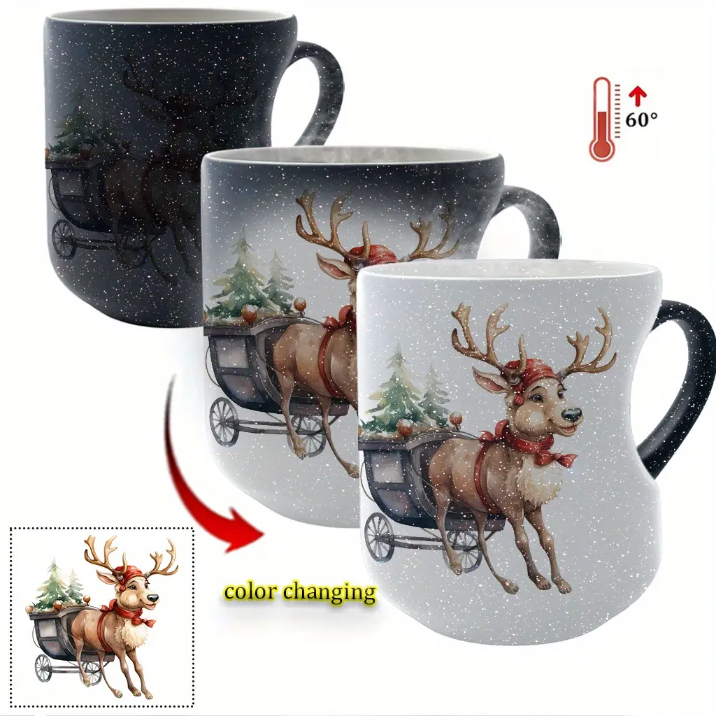 Christmas Reindeer with Sleigh and Christmas Tree Ceramic Color-Changing Mug Thermosensitive Ceramic Mug Halloween Magic Mug Interesting cup - 11 oz / 330 ml Heart-Shaped Handle Mug for Coffee, Tea, Hot Chocolate, and More!Ideal gift for Christmas, V