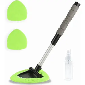 Windshield Cleaning Tool, Microfiber Car Window Cleaner with 3 Reusable and Washable Microfiber Pads & Spray Bottle and Extendable Handle