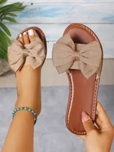 Women's Wide Width Flat Sandals, European Style Open Toe Design, Bow Detail Fabric Material, Perfect for Beach and Outdoor Use