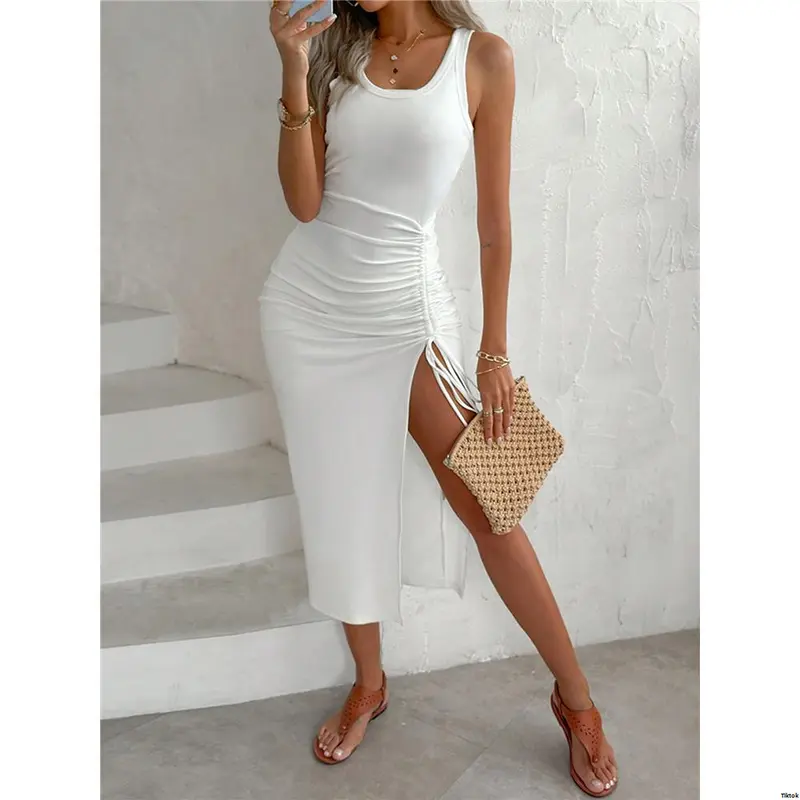 High Ruched ChicMe Ombre Ribbed Drawstring Slit Dress