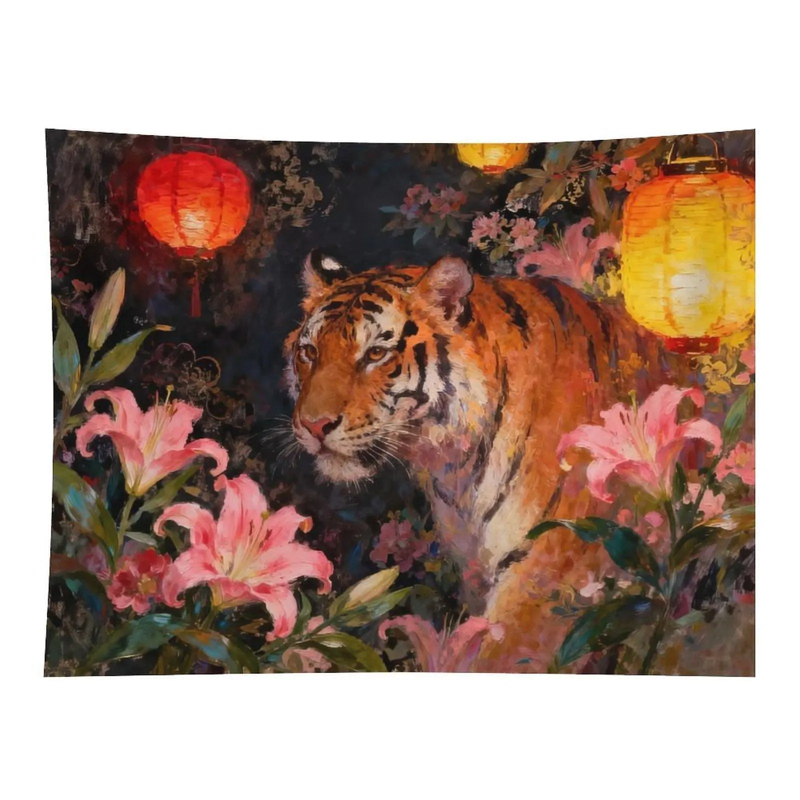 Chinese Style Tiger Pink Lily Red Paper Lantern Oil Painting Wall Tapestry Wall Hanging, Lunar New Year Floral Wild Animal Vintage Art Decor for Oriental Themed Bedroom Dorm Ornament