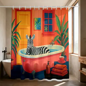 1PC Fun Zebra Shower Curtain Zebra in the bathtub Orange Red Contrasting Tropical Plant Print Pattern Bathroom Curtain Waterproof Shower Curtain Set Perforated Band Hook