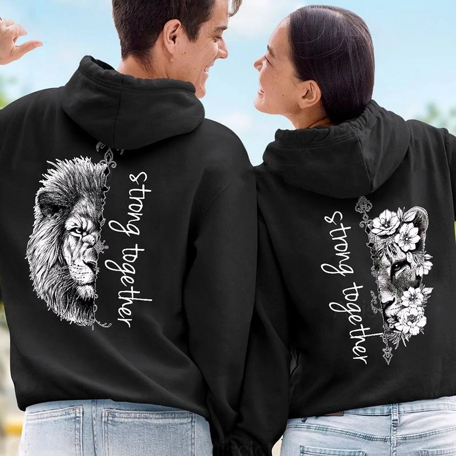 Couples Lion Graphic Pullover Hoodie, Soft Cotton Blend with Seamless Design, Ribbed Cuffs, Front Pocket and Durable Double-Needle Stitching, Clothes, Fit