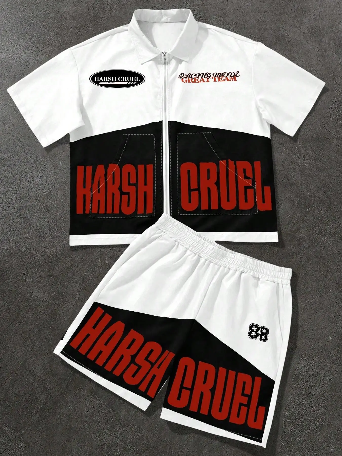 HARSH AND CRUEL Men's Racingcore Athletic Sportswear Streetwear Matching Set Oversized Short Sleeve Zip-Up Shirt & Graphic Prints Shorts 2 Piece Tracksuit Retro Motor Style Outfit for Summer Festival & Clubwear