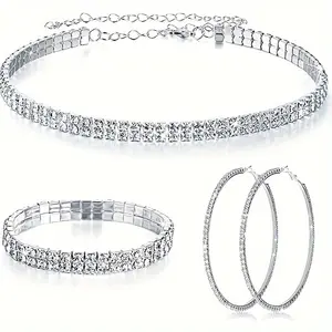 3 piece women's rhinestone jewelry set rhinestone choker crystal bracelet crystal large hoop earrings for wedding bridal party