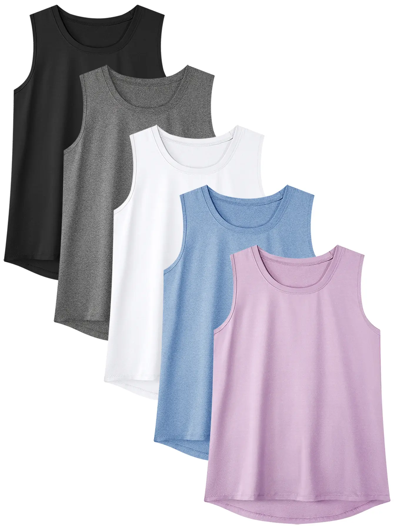 Women's 5-Pack Maternity Tops, Solid Color Crew Neck Shirts with Racerback Cut and Compression Fit for Workout Use, Fitted, Clothes, Sleeveless, Athletic Use, Tank Tops, 5Setd, Casual, Maternity Wear, Tops Set