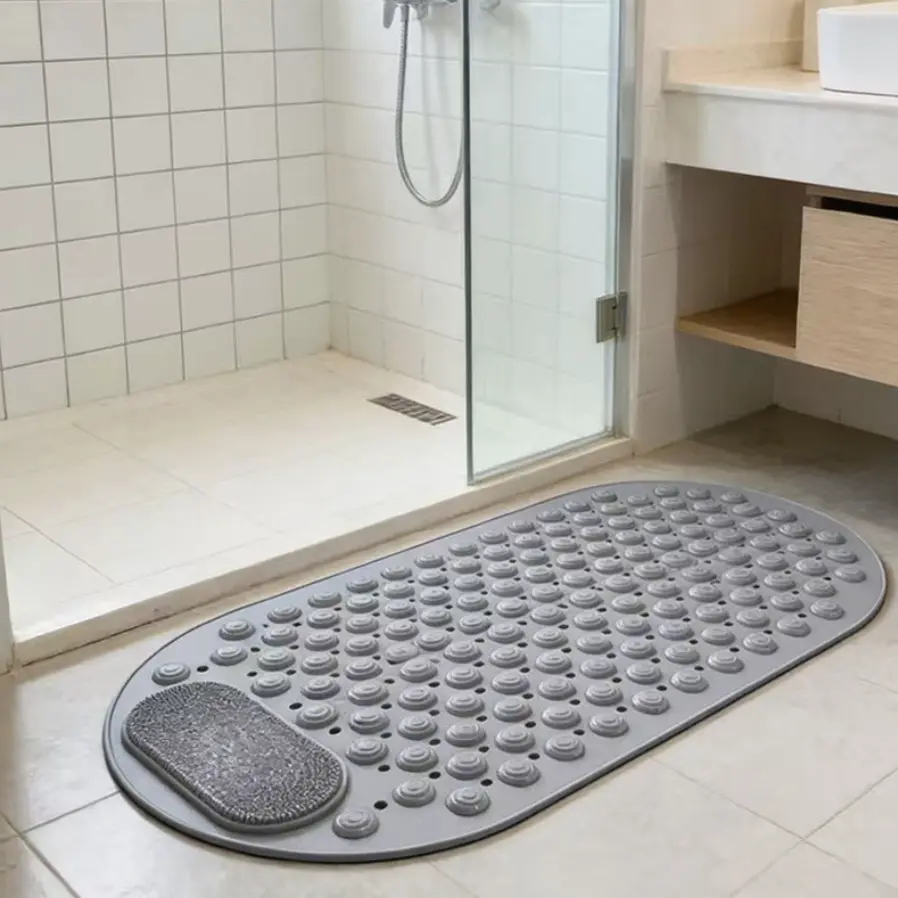 Classic Textured Oval Synthetic Bath Mat for Bathroom - 1 Piece Wash-Free Non-Slip Bathtub Accessory with Strong Suction Cups, Foot Massage Bumps, Flat Weave, Durable Vacuum-Seal Grip