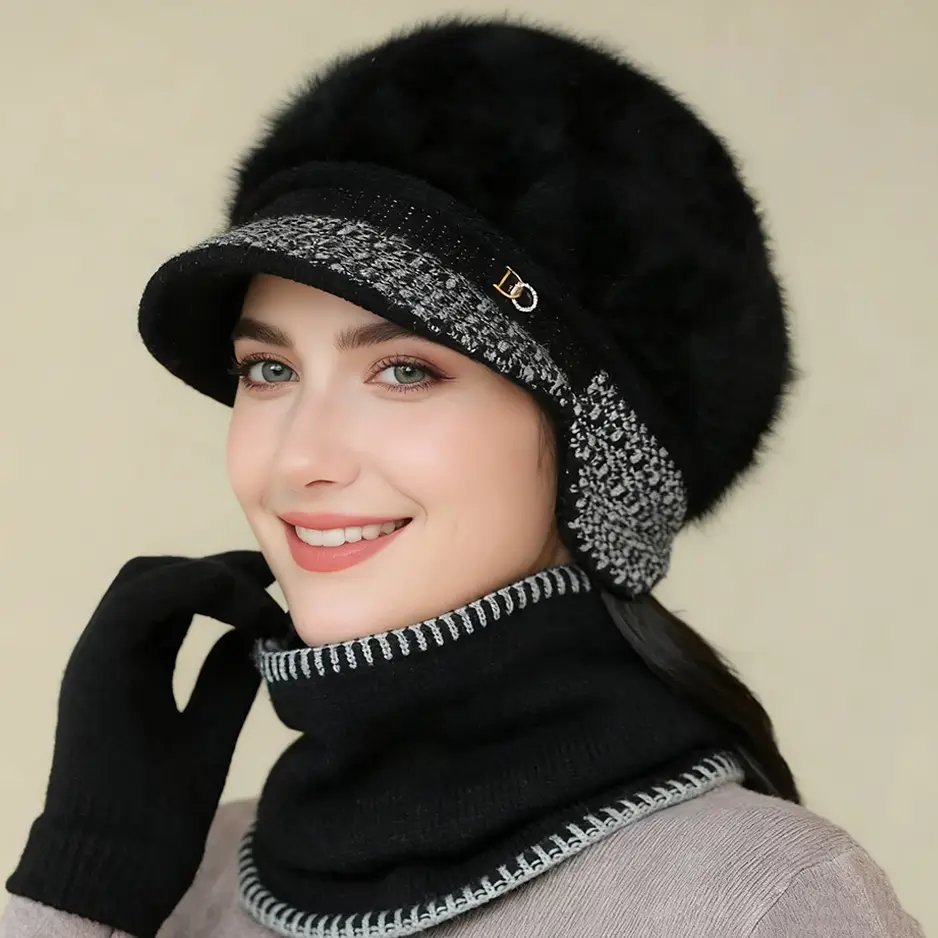 Women's Winter Cozy 2-Piece Ear Protection Hat & Scarf Set - Fleece-Lined Thick Visor Brim Beret Cap, Visor Hat, Casual, Clothes, Daily, Female, Gingham, Keep Warm Hats, Stretchable Hats