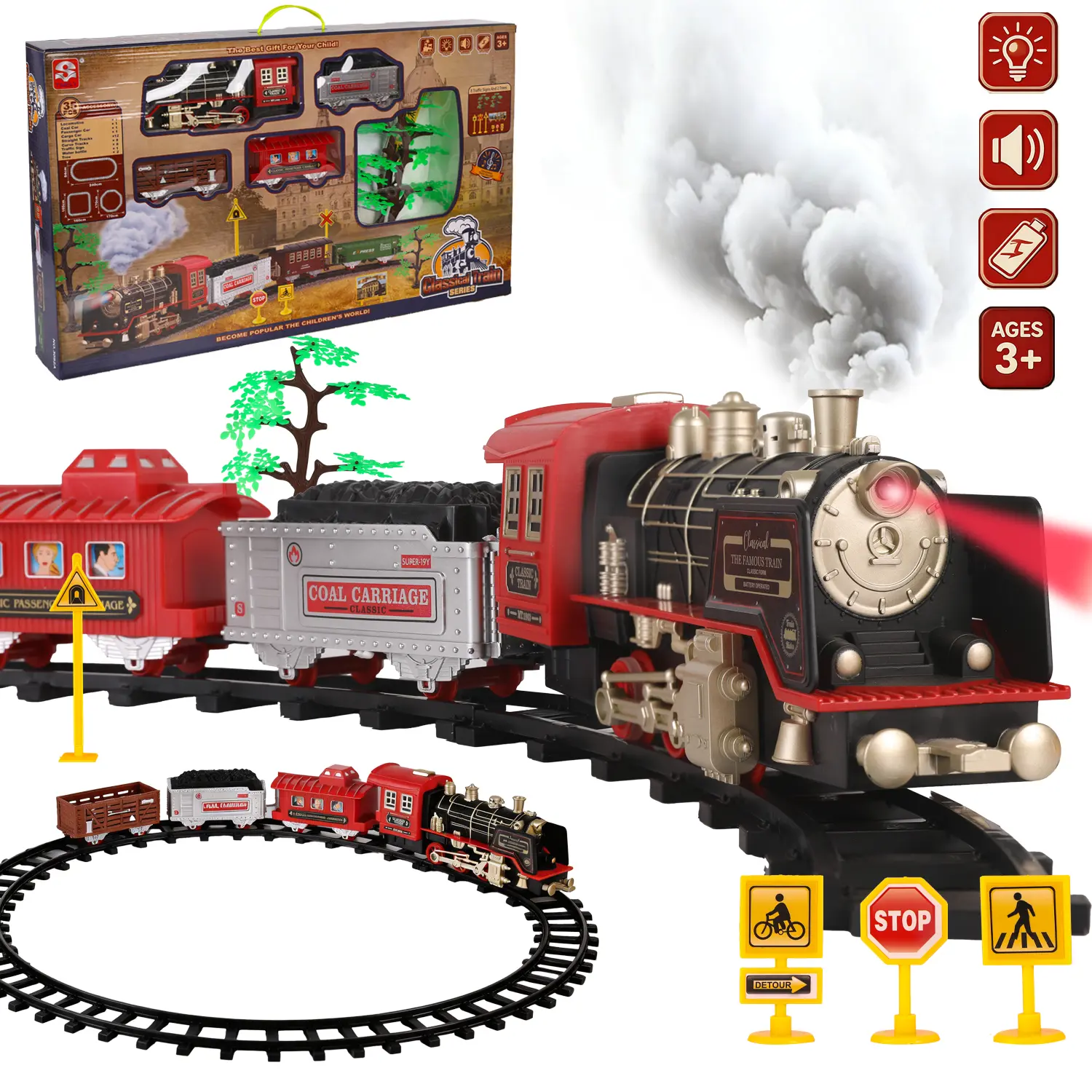 Unisex Retro Electric Steam Toy Train - 29-in Round Track, 53-in Oval Track, Authentic Train Sounds, ABS Plastic, Indoor Decoration, Transportation Toy, Requires AA Batteries, for Ages 4+ Kids