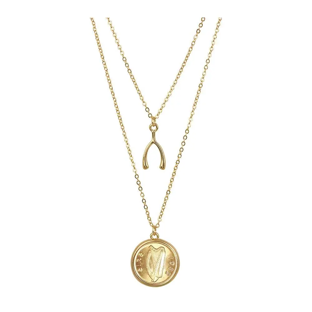 Irish Half Penn y Harp Wishbone Double Chain N ecklace Irish Half Penn y Harp Wishbone Double Chain N ecklace