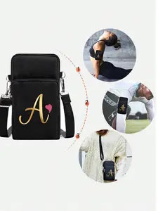 Horizontal phone bag with heart & A-Z golden letters. Multi-use as wallet, arm or wrist bag with earphone hole. Ideal for work and school, great gift for various festivals.