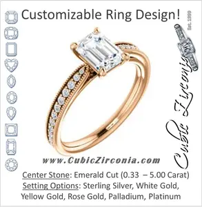 Cubic Zirconia Engagement Ring- The Brooklynn (Customizable Emerald Cut with Cathedral Setting and Milgrained Pavé Band)