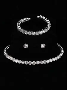 Sparkling Chunky Jewelry Set, Imitation Diamond Accessories, Tennis Necklace & Bracelet, Button Chain & Earrings, Elegant Fashion Gift, Glamour Set